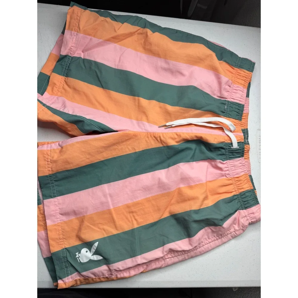 Playboy by‎ PacSun Mens Striped Swim Trunks Pink Orange Teal Bunny Logo Size M